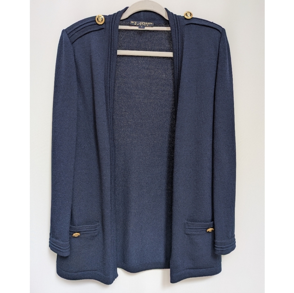 VTG St.‎ John Basics Navy Santana Knit Open Cardigan Gold Crested Buttons Small
